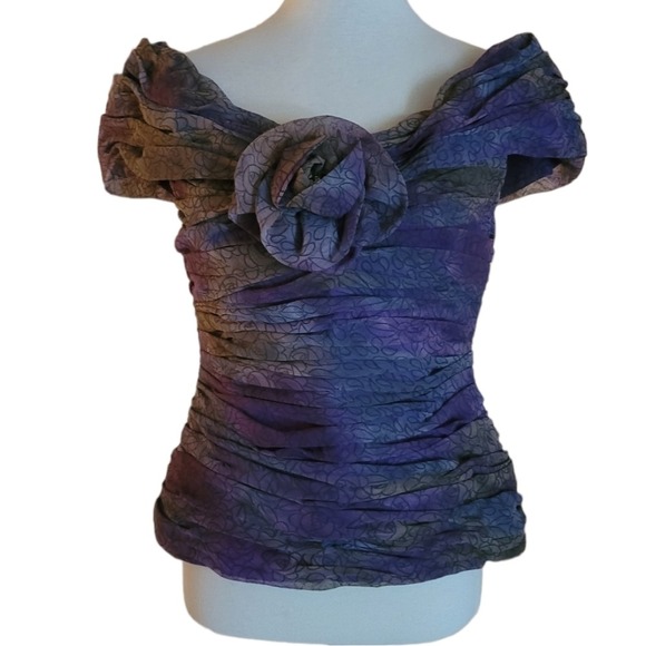 Vintage 50's Handmade Ruched Silk Dark‎ Watercolor Off the Shoulder Top - Picture 3 of 10